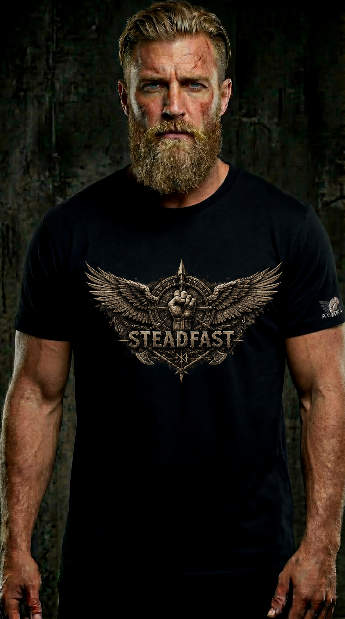 Steadfast T-Shirt SF7 Einsamer Krieger – Vorderansicht der Rückendruck-Ausführung