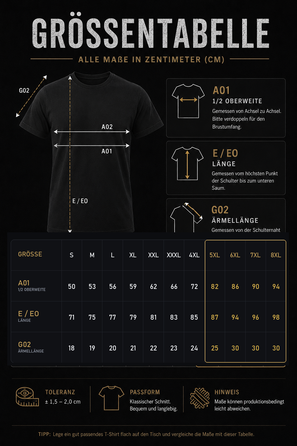 Gorilla Blood T-Shirt Größentabelle