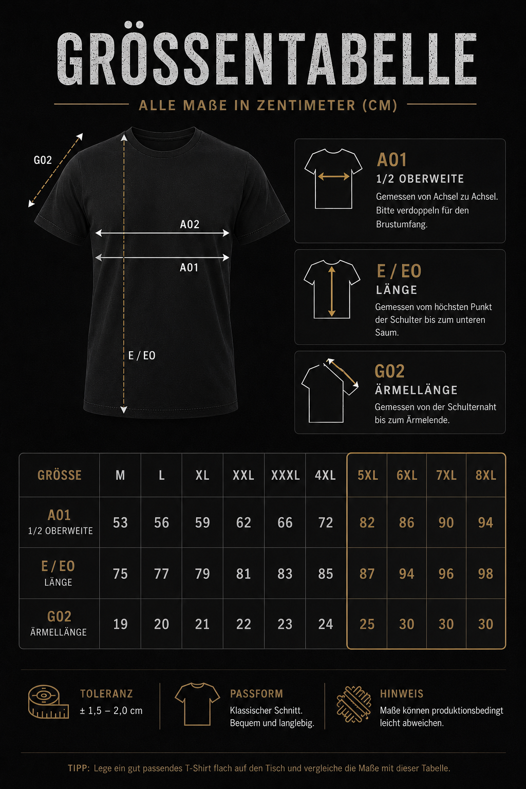 Größentabelle für T-Shirts in Zentimetern
