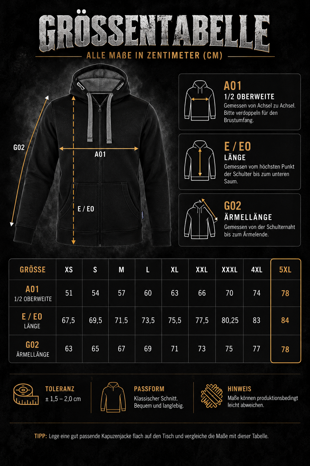 Gorilla Blood Kapuzenjacke Größentabelle