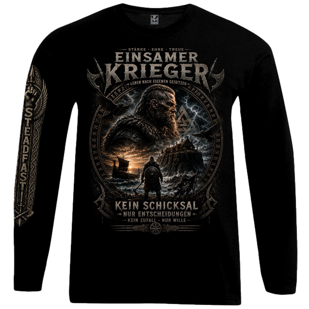 Steadfast Longsleeve SF7 Einsamer Krieger Schwarz Vorderseite mit Ärmeldruck