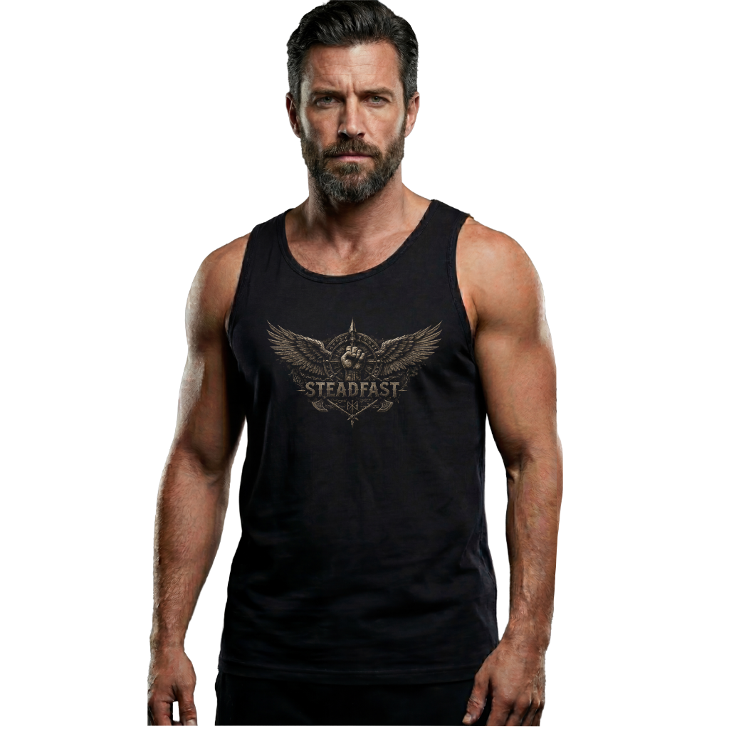 Steadfast Muskelshirt SF7 Einsamer Krieger Schwarz Vorderseite kleines Logo