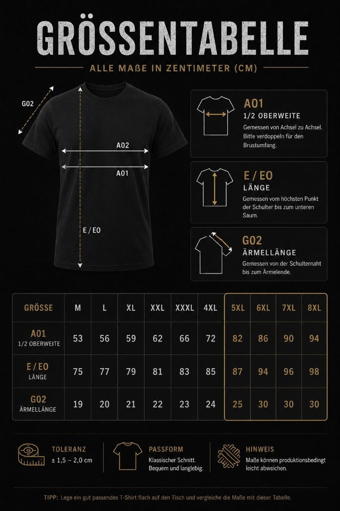 Größentabelle für T-Shirts in Zentimetern (M bis 8XL)