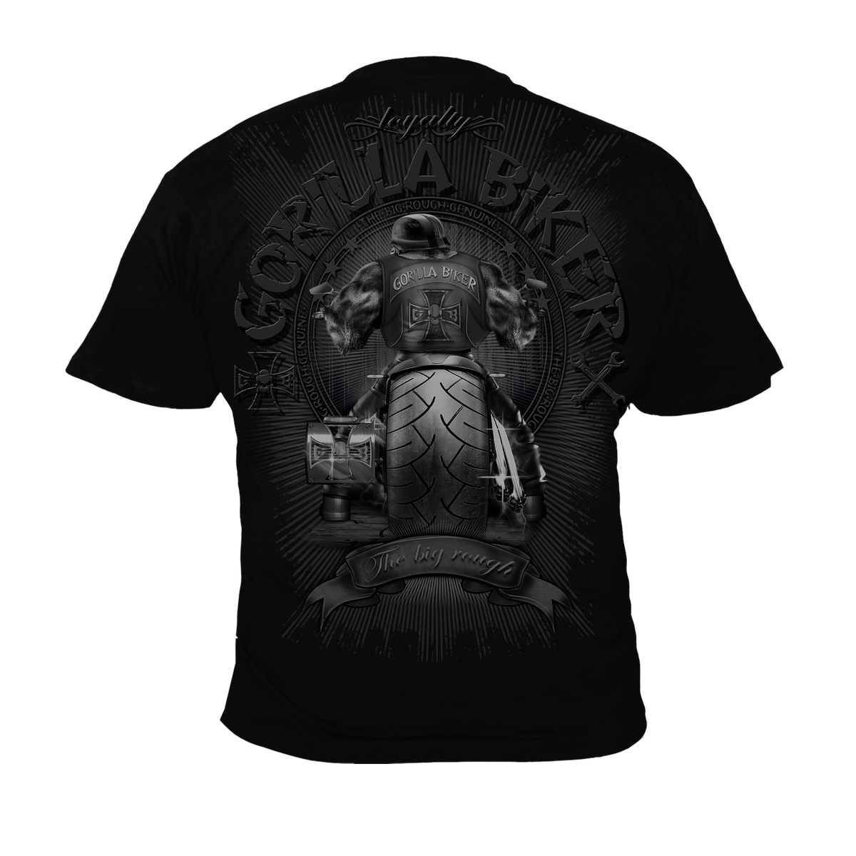 T-Shirt GB40 Gorilla Biker Big Wheel: Schwarzes T-Shirt mit dramatischem Motorrad-Reifen-Design und Gorilla Biker Logo in Grautönen. Kunstvoll gestalteter Digitaldruck mit strahlenförmigem Hintergrund und Banderolle zeigt imposante Rückansicht eines Motorradreifens.