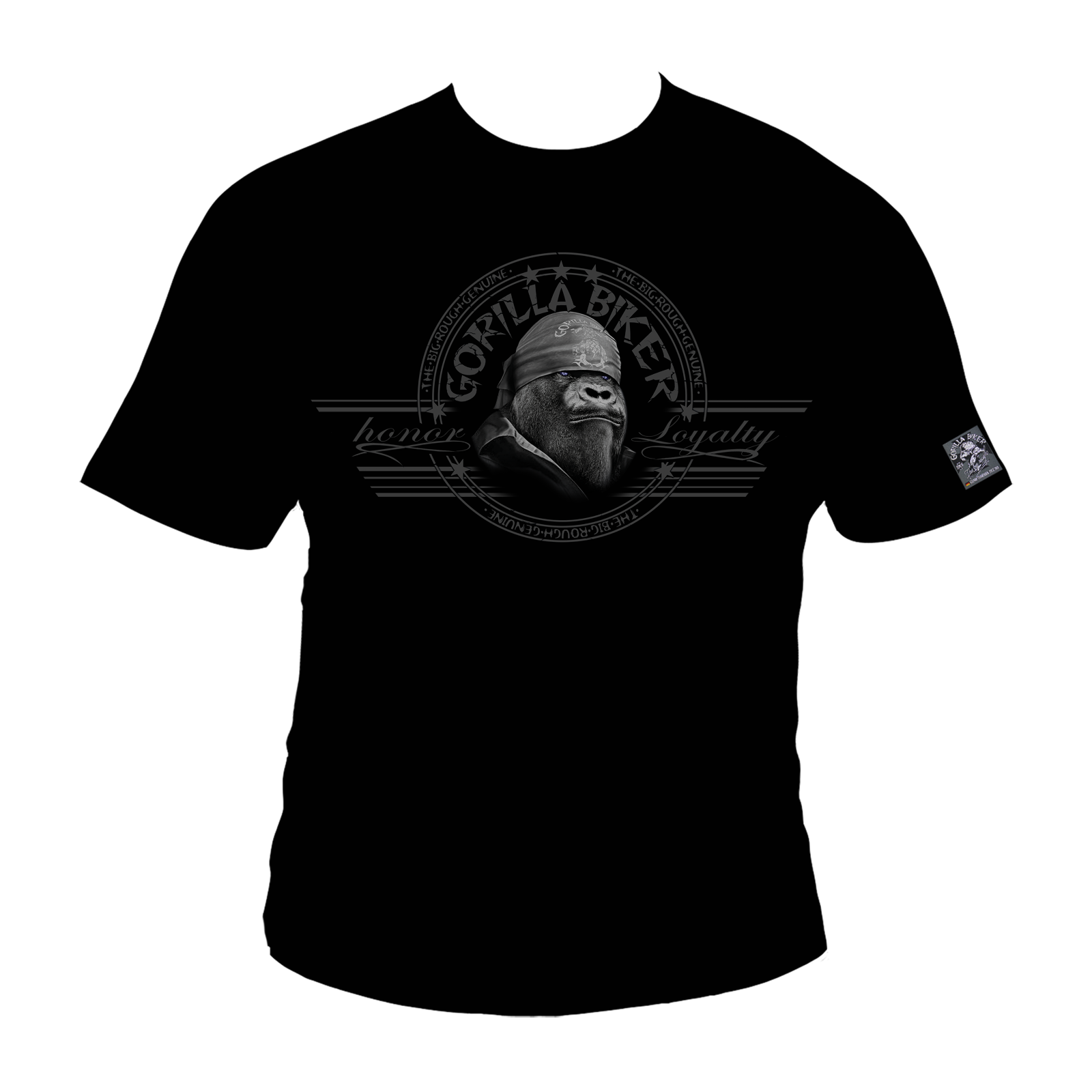 T-Shirt GB40 Gorilla Biker Big Wheel - Schwarzes Baumwoll-T-Shirt mit grauem Vintage-Logo-Print, featuring kreisförmiges Gorilla-Biker-Emblem mit dekorativen Linien und Schriftzugen. Armel-Etikett und klassischer Rundhalsausschnitt.