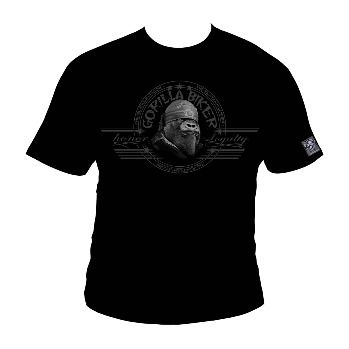 T-Shirt GB40 Gorilla Biker Big Wheel - Schwarzes Baumwoll-T-Shirt mit grauem Vintage-Logo-Print, featuring kreisförmiges Gorilla-Biker-Emblem mit dekorativen Linien und Schriftzugen. Armel-Etikett und klassischer Rundhalsausschnitt.