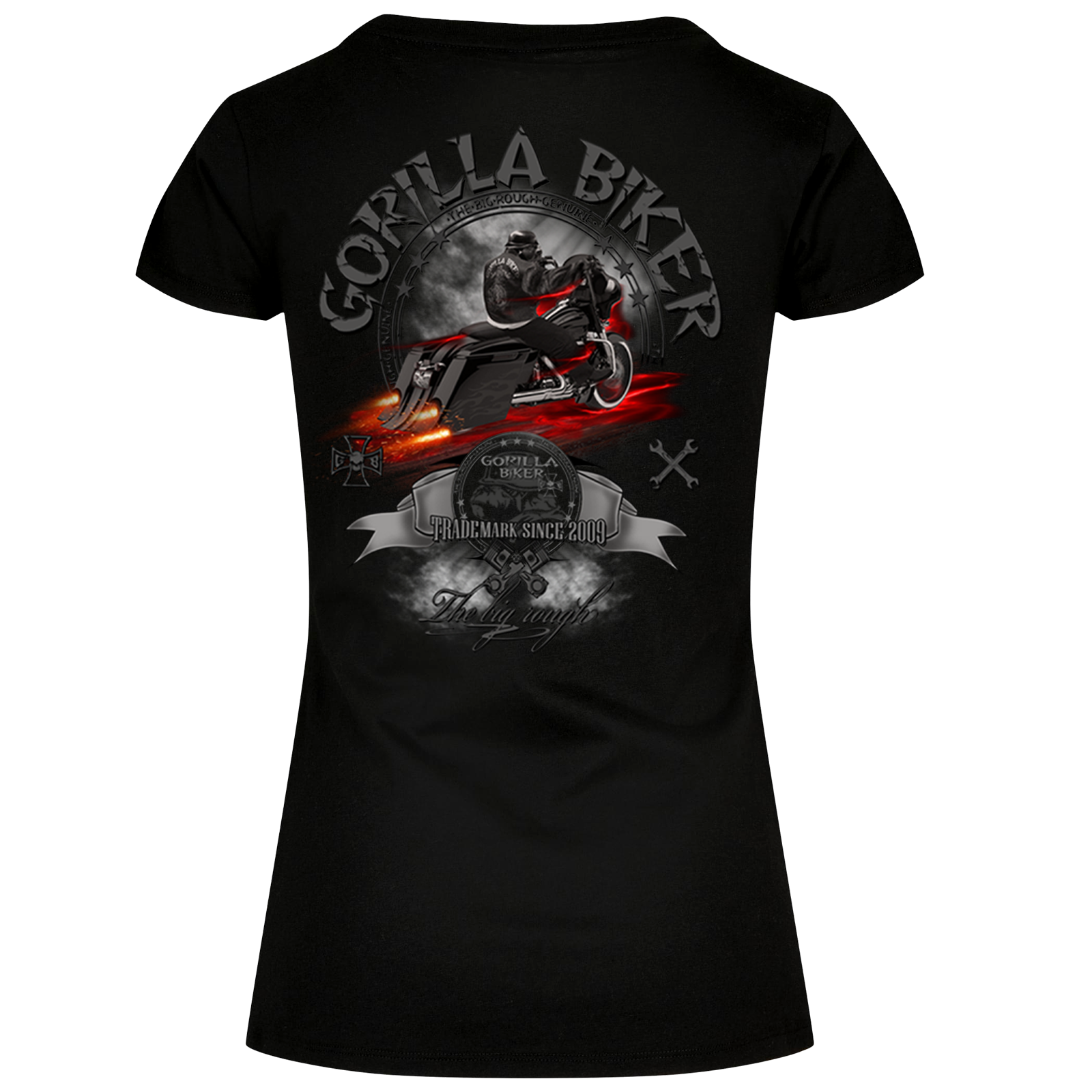 Damen T-Shirt ( Gorilla Biker GB74R Bad Bagger )Rückendruckdruck